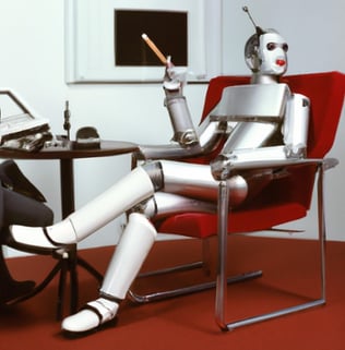 1950's style of a humanoid robot casually smoking a cigarette sitting in an easy chair being interviewed by a talk show host behind a desk