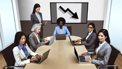 an intimate office setting around a boardroom table where five professional women are wearing business casual clothing, each with a laptop in front of-1-1