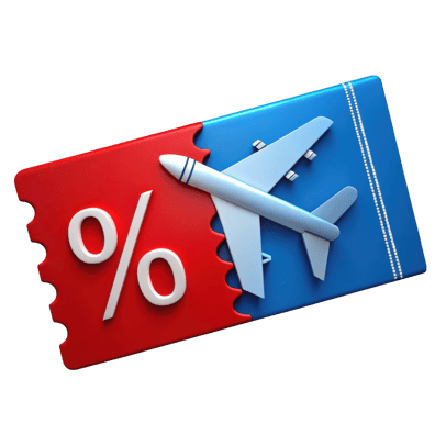 3d Airplane ticket discount coupon with percentage symbol isolated on transparent background