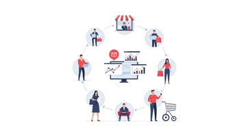 Customer journey mapping with analytics and shopping cart icons, business strategy concept