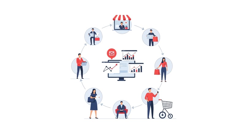 Customer journey mapping with analytics and shopping cart icons, business strategy concept