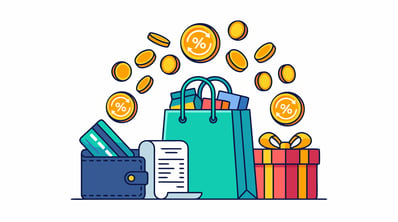 Vector illustration of cashback and loyalty rewards program with a shopping bag, gift box, wallet, credit card, paper receipt, and flying percentage