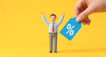 An office worker is happy to receive a discount. Discount coupons and promotions.