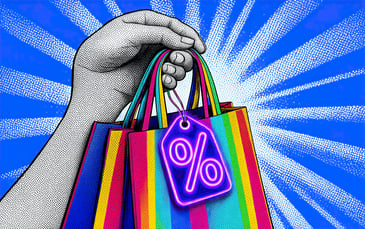 Hands hold colorful shopping bags with a glowing percentage discount tag as part of DTC loyalty marketing strategies