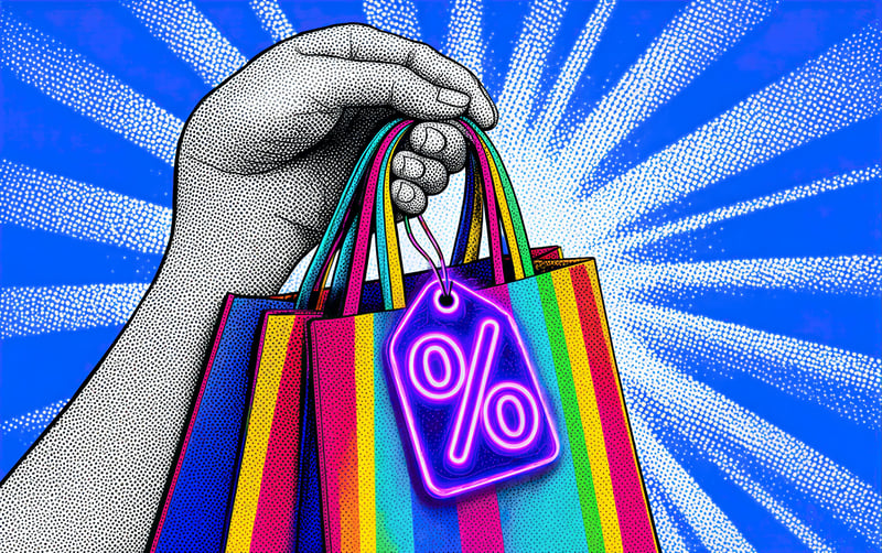 Hands hold colorful shopping bags with a glowing percentage discount tag as part of DTC loyalty marketing strategies