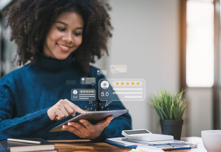 woman calculating data from reviews