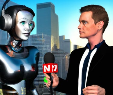 Reimagine Chat-GPT as a cyborg celebrity being interviewed by a news reporter