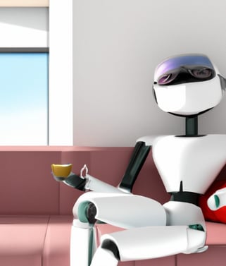 3D rendering of a humanoid robot in sunglasses sitting in an easy chair in a glamorous modern style living room enjoying a cup of coffee