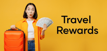 Travel rewards program traveler holds suitcase and money