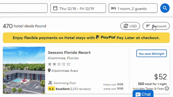 Hotel booking interface showing automatic currency conversion from USD to multiple currencies