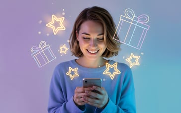 happy consumer smiles at phone digital rewards