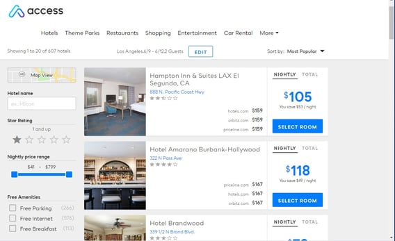 a list of hotel discount pricing in Los Angeles