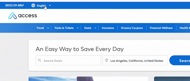 Access loyalty platform language selector showing 10 language options including German, Spanish, French, Korean, Italian, Portuguese, Tagalog, Chinese, and Japanese