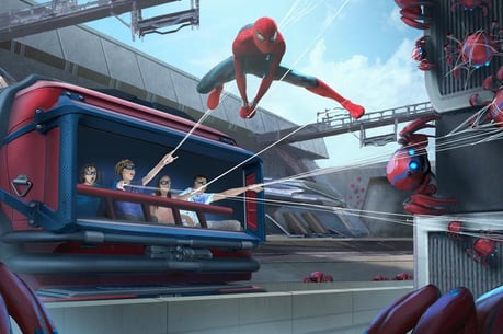 rendering of riders on the new WEB Slingers ride