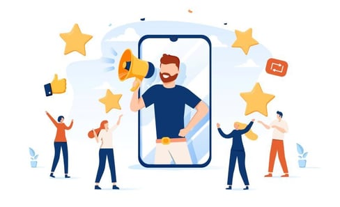 turn customers into advocates. A customer uses a megaphone to tell others their good experience