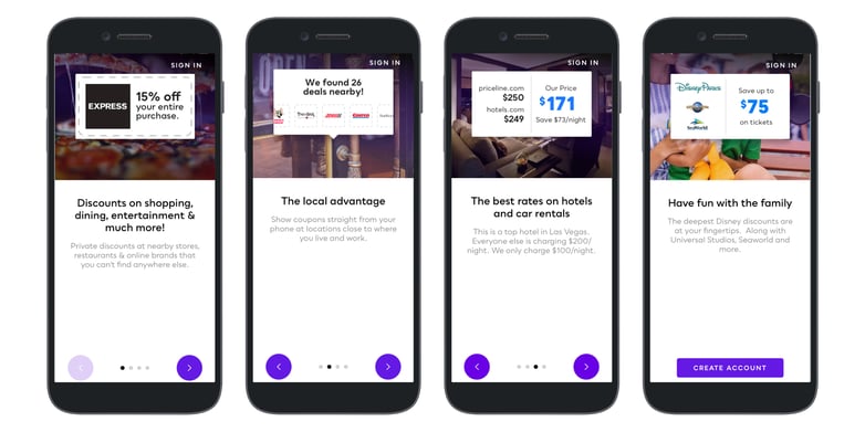 series of onboarding tutorial screens on the My Deals mobile app